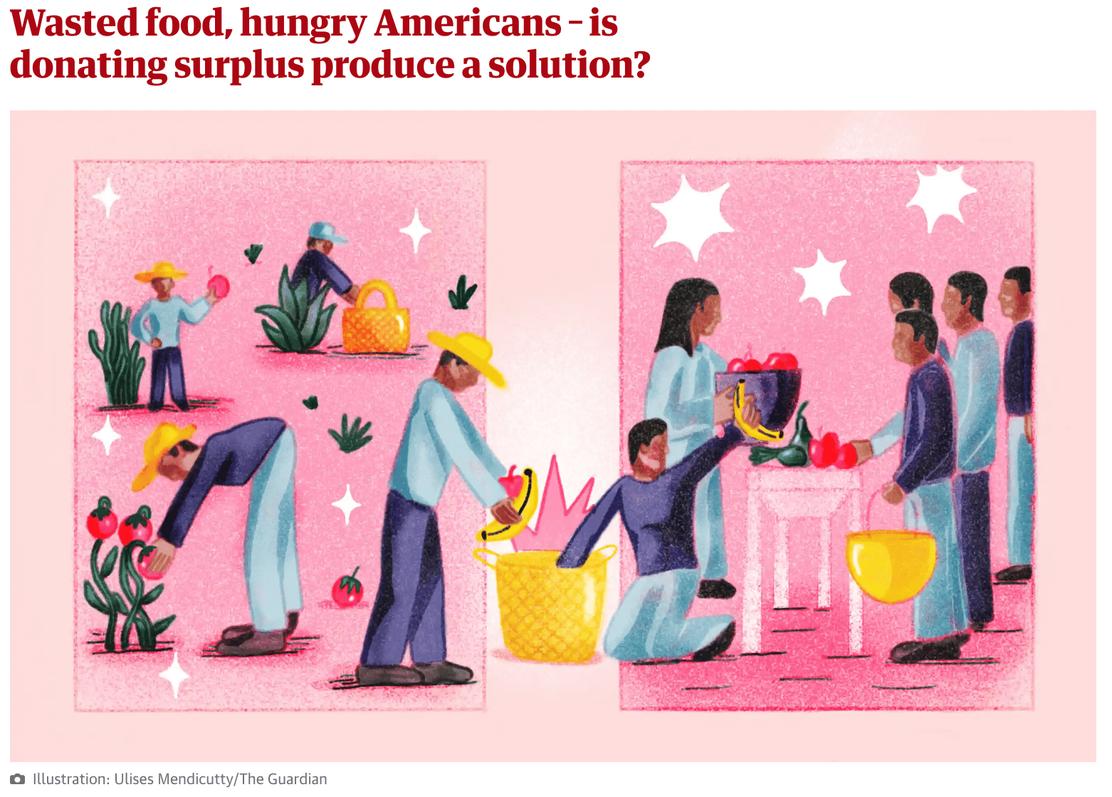 Text reading "Wasted food, hungry Americans – is donating surplus produce a solution?" and illustration of people growing and distributing food